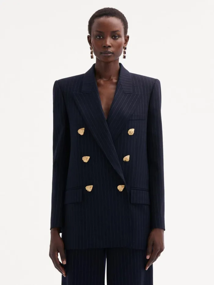 Oscar De La Renta Jackets and Coats Pinstriped DoubleBreasted Jacket Navy and White 8211 Women Oscar De La Renta Jackets and Coats Pinstriped DoubleBreasted Jacket Navy and White 8211 Women