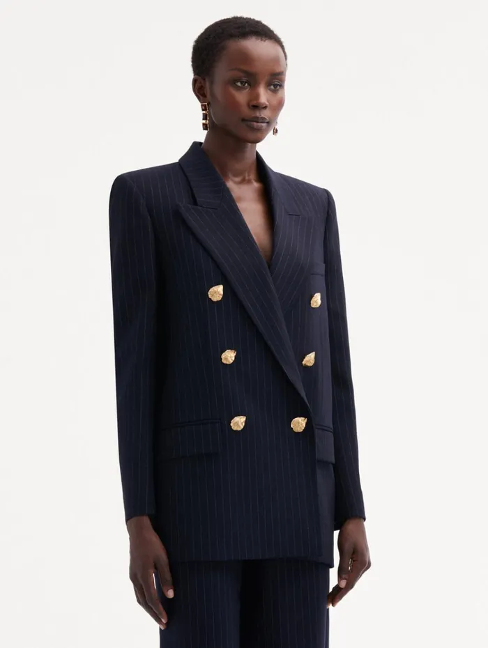 Oscar De La Renta Jackets and Coats Pinstriped DoubleBreasted Jacket Navy and White 8211 Women Oscar De La Renta Jackets and Coats Pinstriped DoubleBreasted Jacket Navy and White 8211 Women