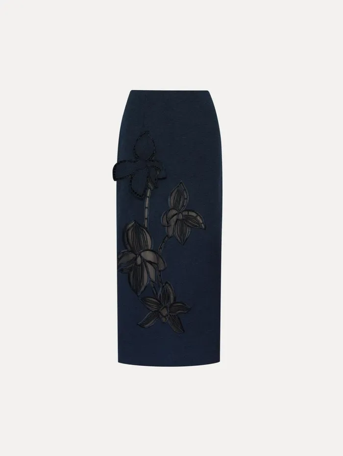 Oscar De La Renta Pants and Skirts Orchid Embroidered Tweed Skirt Navy 8211 Women