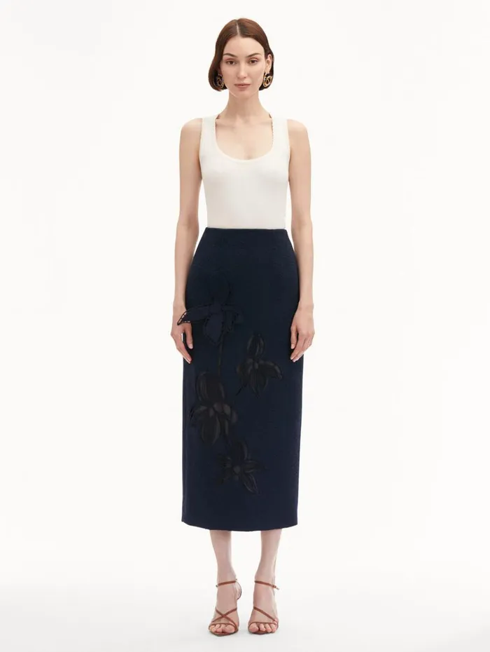 Oscar De La Renta Pants and Skirts Orchid Embroidered Tweed Skirt Navy 8211 Women Oscar De La Renta Pants and Skirts Orchid Embroidered Tweed Skirt Navy 8211 Women