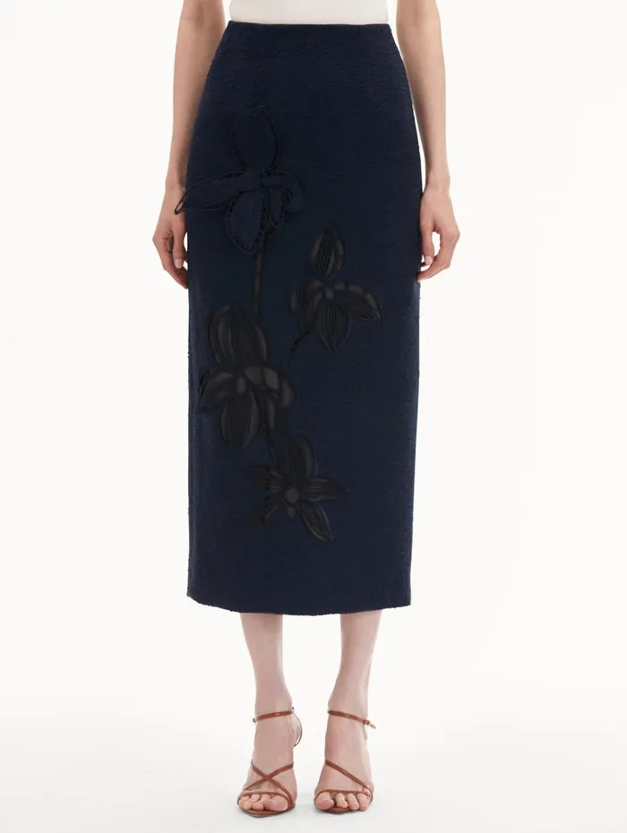 Oscar De La Renta Pants and Skirts Orchid Embroidered Tweed Skirt Navy 8211 Women Oscar De La Renta Pants and Skirts Orchid Embroidered Tweed Skirt Navy 8211 Women