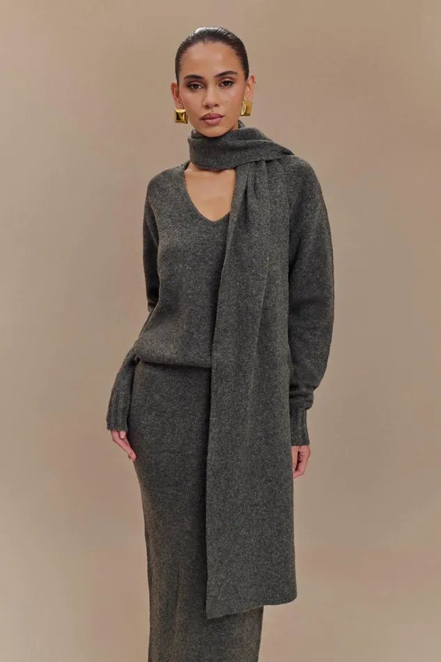 Outerwear Women Meshki Ella V Neck Knit Jumper With Scarf 8211 Charcoal Marle