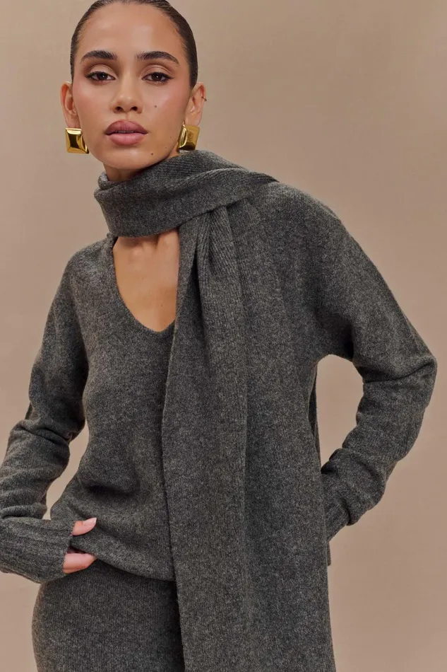 Outerwear Women Meshki Ella V Neck Knit Jumper With Scarf 8211 Charcoal Marle