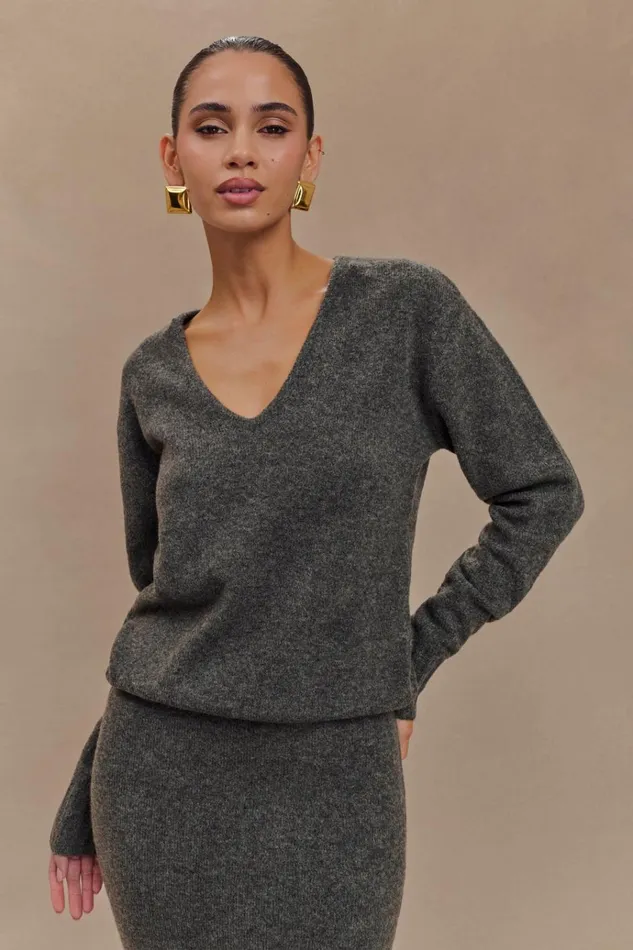 Outerwear Women Meshki Ella V Neck Knit Jumper With Scarf 8211 Charcoal Marle