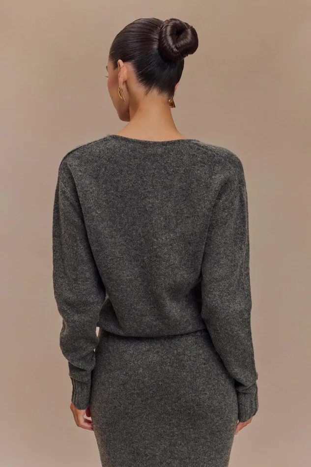 Outerwear Women Meshki Ella V Neck Knit Jumper With Scarf 8211 Charcoal Marle