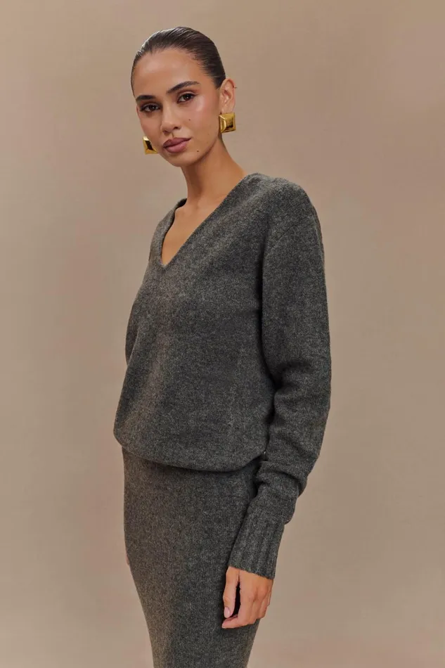 Outerwear Women Meshki Ella V Neck Knit Jumper With Scarf 8211 Charcoal Marle