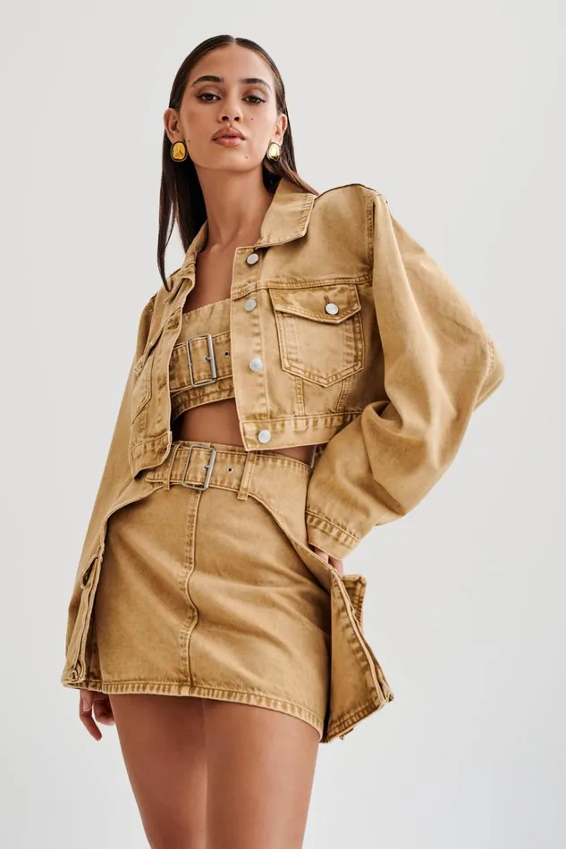 Outerwear Women Meshki Rowena Denim Cropped Jacket 8211 Tan Acid Wash