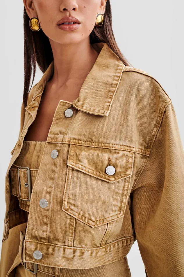 Outerwear Women Meshki Rowena Denim Cropped Jacket 8211 Tan Acid Wash