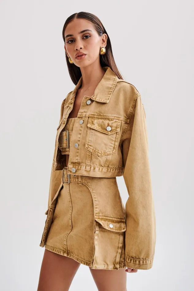 Outerwear Women Meshki Rowena Denim Cropped Jacket 8211 Tan Acid Wash
