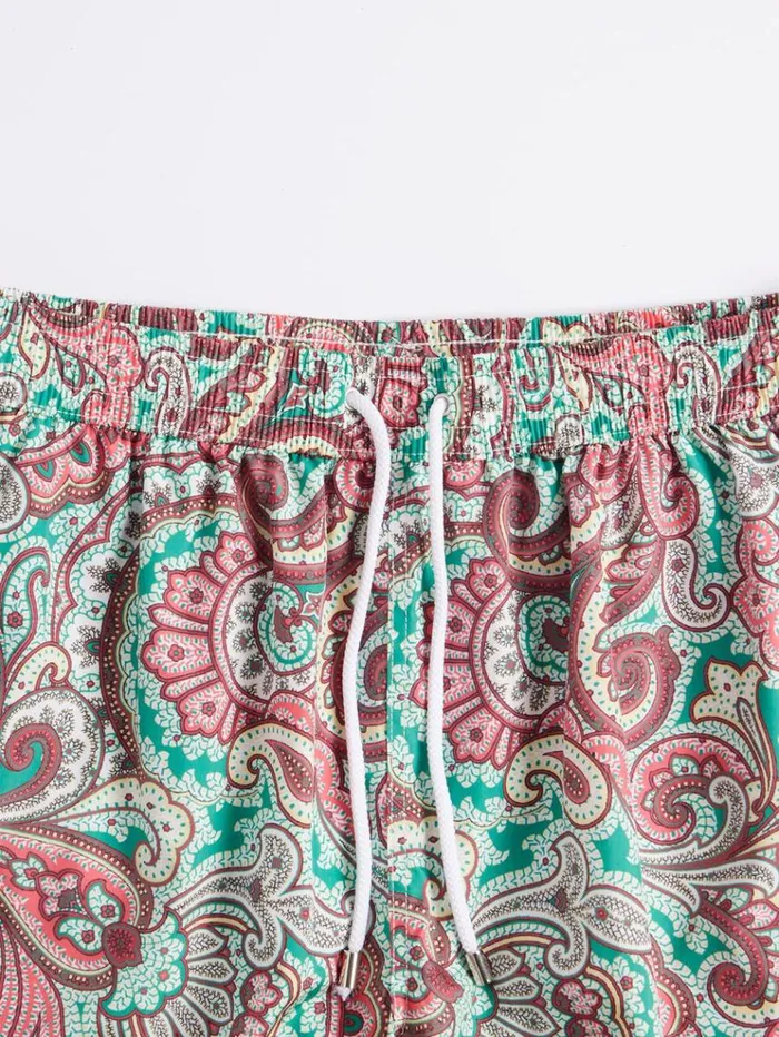 Paisley Print Swim Trunk Greenred Men Paul Stuart Shorts and Swim Trunks