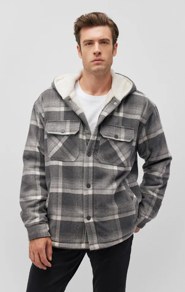 Plaid Hooded Shacket In Black Check Men Mavi Jeans Jackets