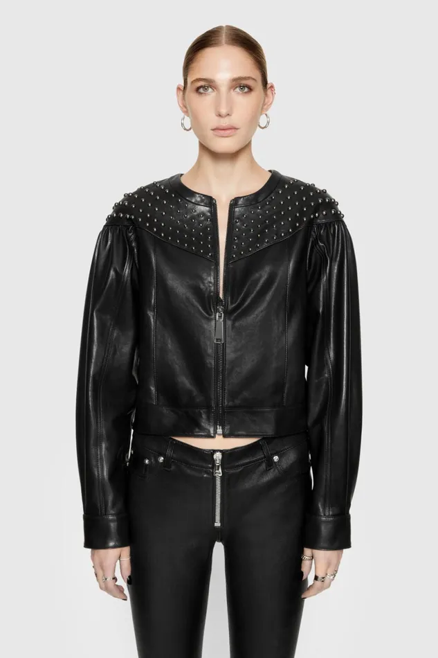 Rebecca Minkoff Leather Women Ozzy Studded Leather Jacket True Black