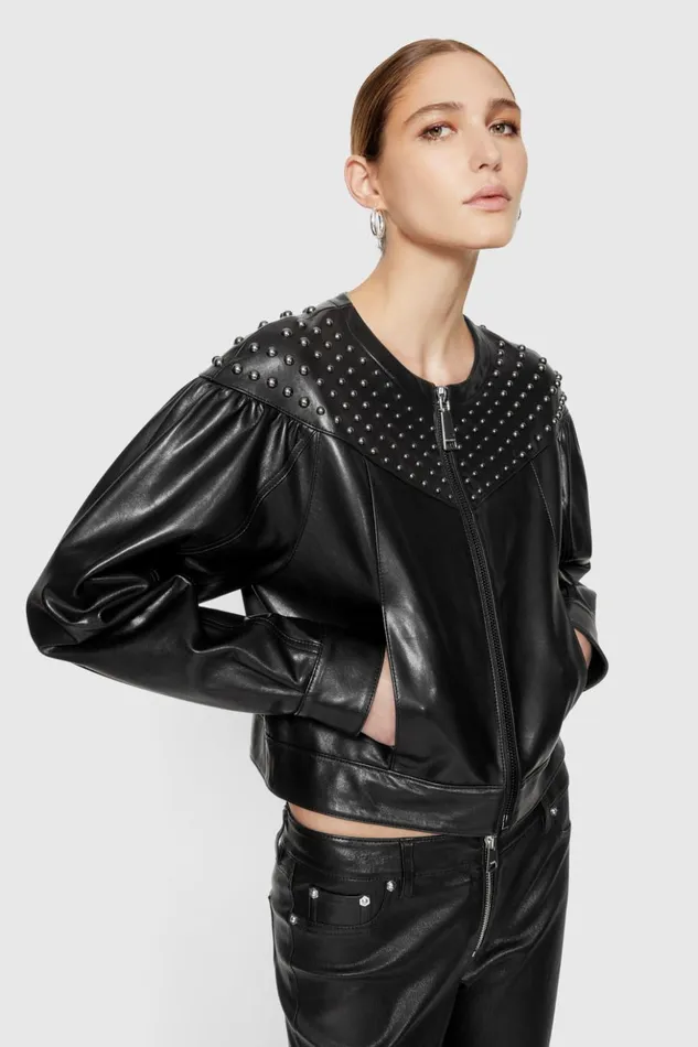 Rebecca Minkoff Leather Women Ozzy Studded Leather Jacket True Black Rebecca Minkoff Leather Women Ozzy Studded Leather Jacket True Black