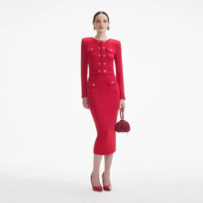 Self Portrait Bottoms Red Knit Heart Buttoned Midi Skirt 8211 Women