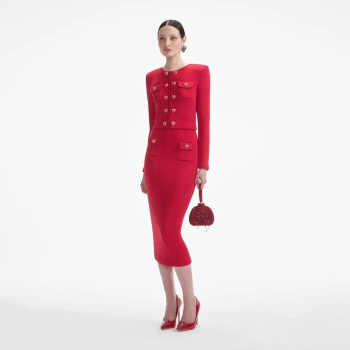 Self Portrait Bottoms Red Knit Heart Buttoned Midi Skirt 8211 Women