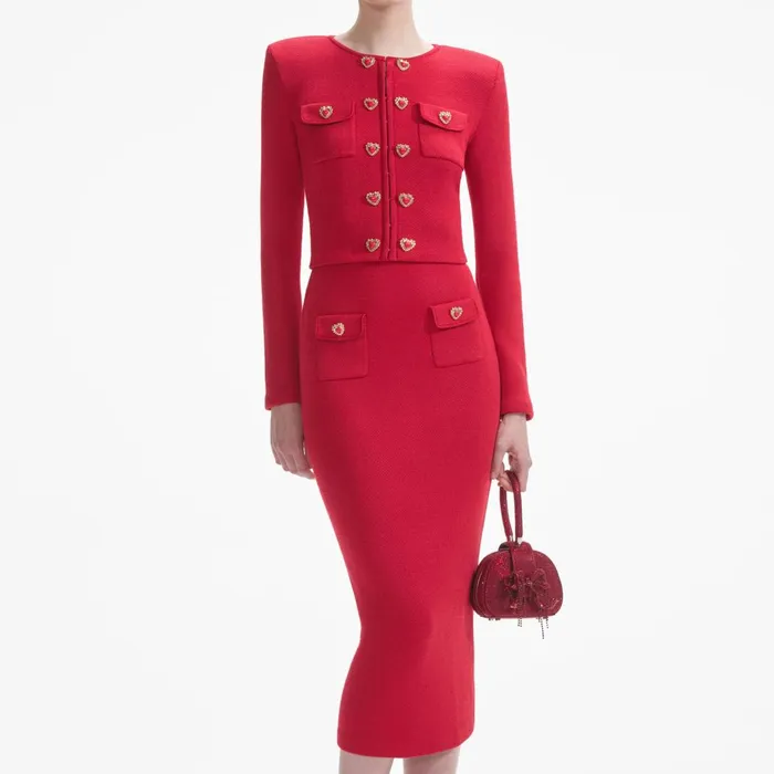 Self Portrait Bottoms Red Knit Heart Buttoned Midi Skirt 8211 Women