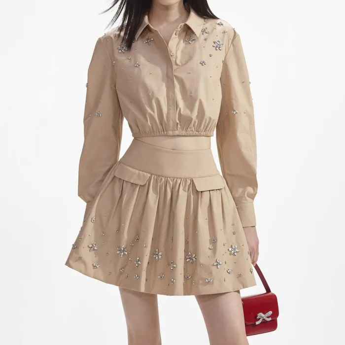 Self Portrait CoOrds Beige Cotton Embellished Top 8211 Women