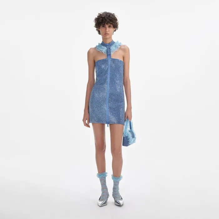 Self Portrait Dresses Blue Crystal Chainmail Zip Mini Dress 8211 Women