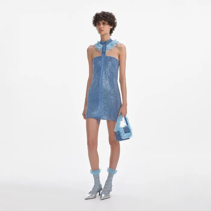 Self Portrait Dresses Blue Crystal Chainmail Zip Mini Dress 8211 Women