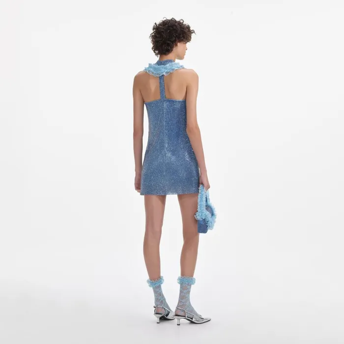 Self Portrait Dresses Blue Crystal Chainmail Zip Mini Dress 8211 Women