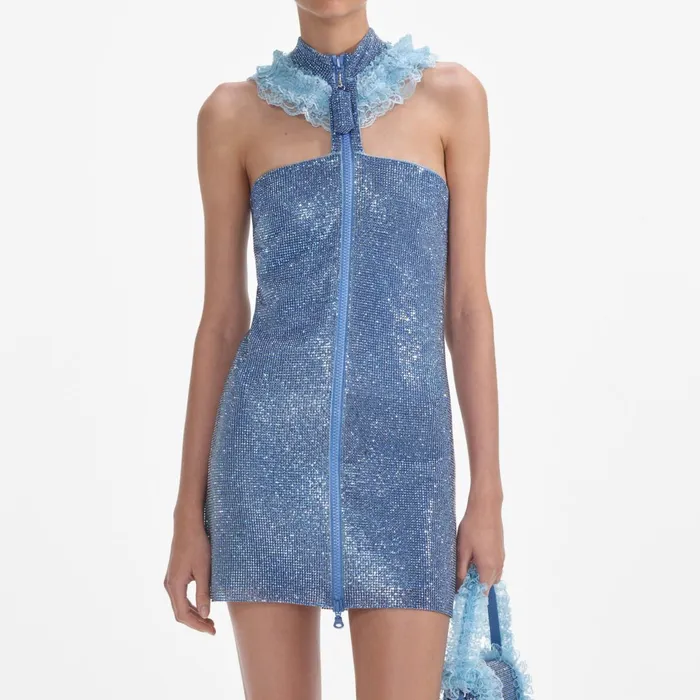 Self Portrait Dresses Blue Crystal Chainmail Zip Mini Dress 8211 Women