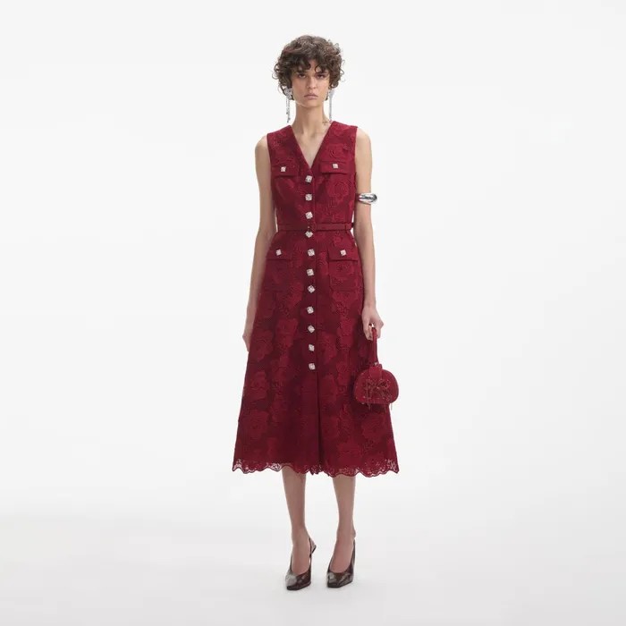 Self Portrait Dresses Burgundy Lace Buttoned Midi Dress 8211 Women