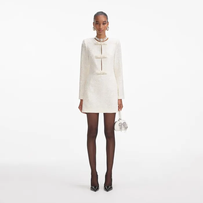 Self Portrait Dresses Cream Boucle Diamante Bow Mini Dress 8211 Women