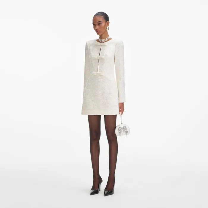 Self Portrait Dresses Cream Boucle Diamante Bow Mini Dress 8211 Women