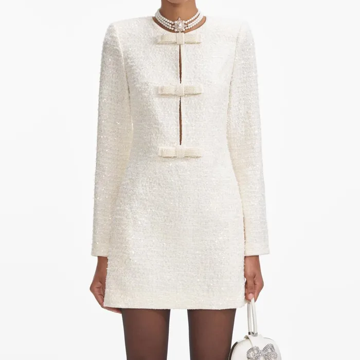 Self Portrait Dresses Cream Boucle Diamante Bow Mini Dress 8211 Women
