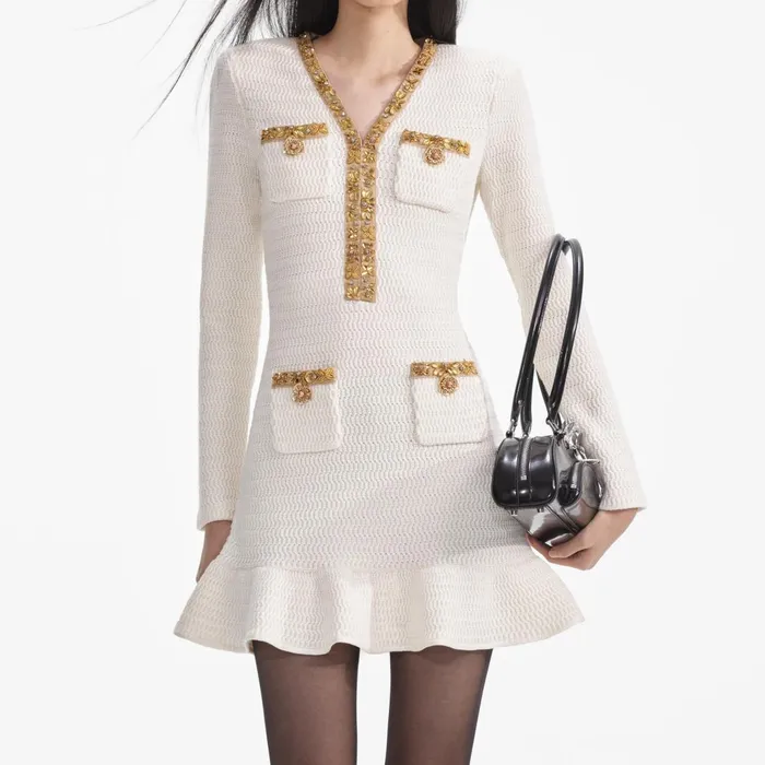 Self Portrait Dresses Cream Lurex Knit Mini Dress 8211 Women