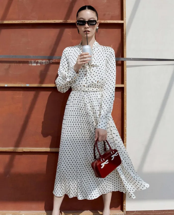 Self Portrait Dresses Cream Polka Dot Satin Midi Dress 8211 Women