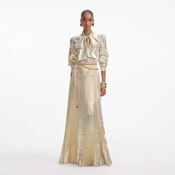 Self Portrait Dresses Gold Metallic Pussy Bow Maxi Dress 8211 Women
