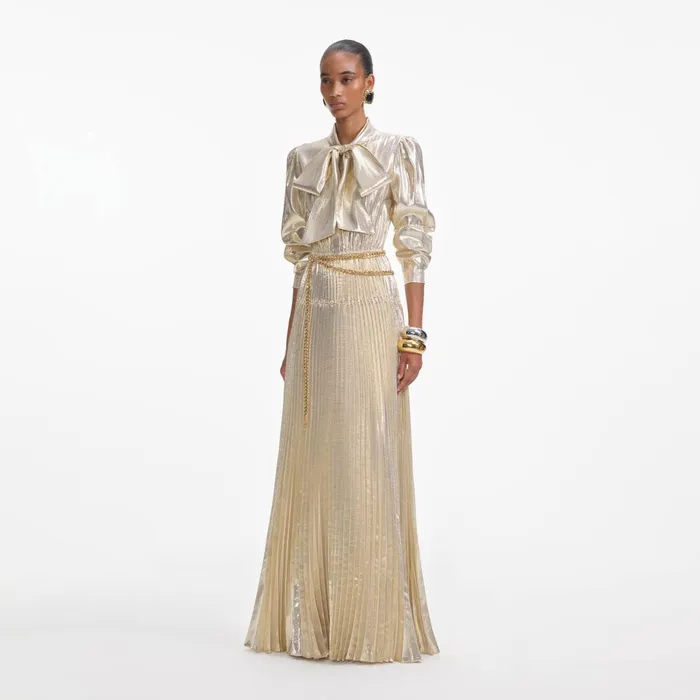Self Portrait Dresses Gold Metallic Pussy Bow Maxi Dress 8211 Women