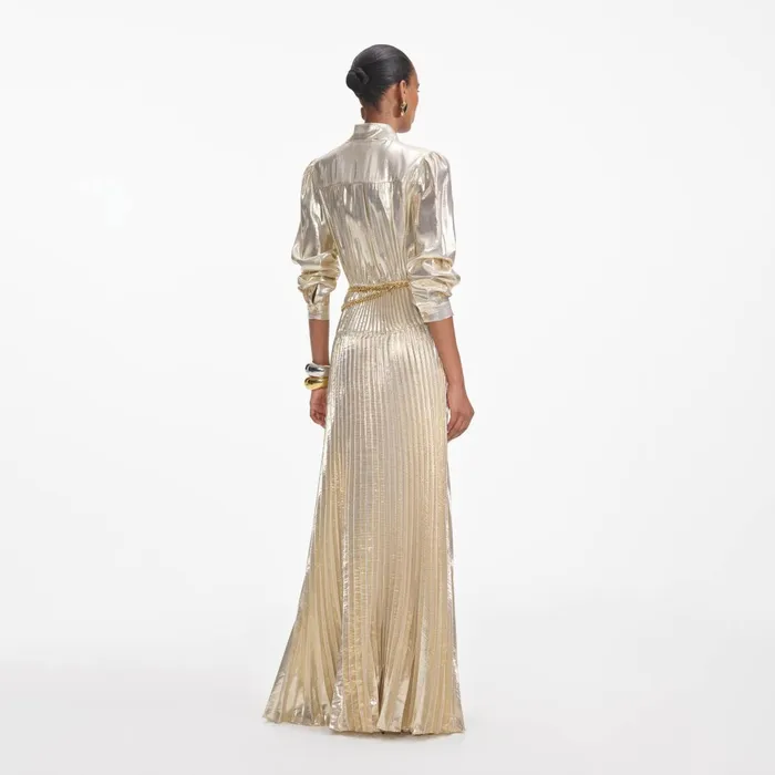 Self Portrait Dresses Gold Metallic Pussy Bow Maxi Dress 8211 Women