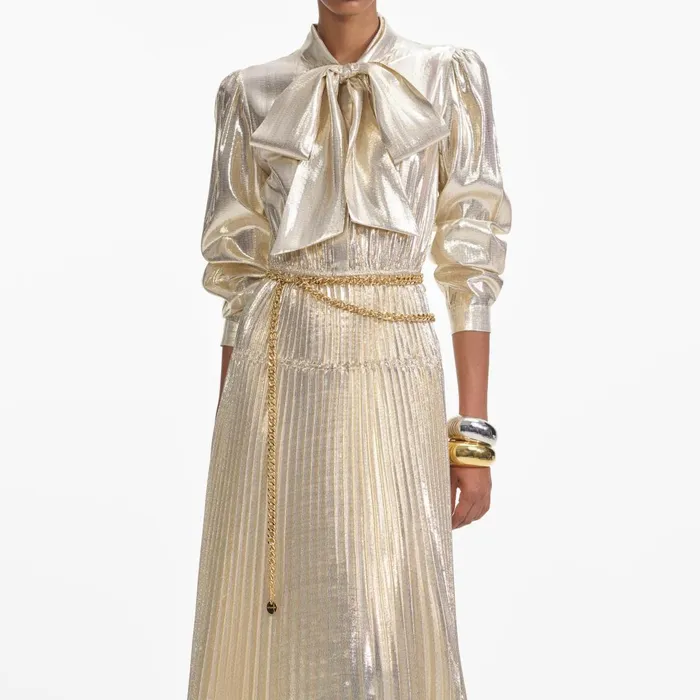 Self Portrait Dresses Gold Metallic Pussy Bow Maxi Dress 8211 Women