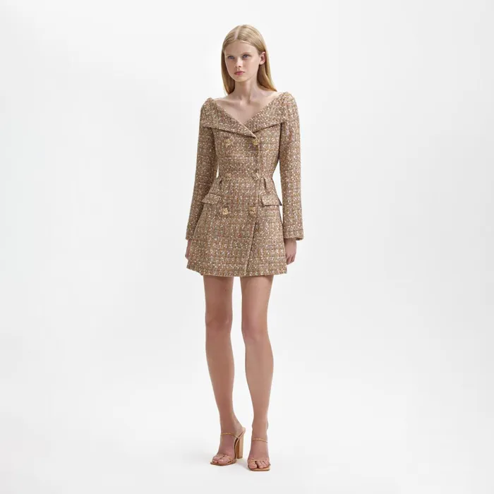 Self Portrait Dresses Gold Tinsel Boucle Off Shoulder Mini Dress 8211 Women