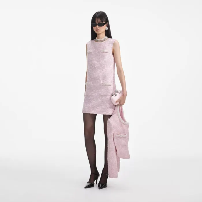 Self Portrait Dresses Pink Boucle Pearl Trim Mini Dress 8211 Women