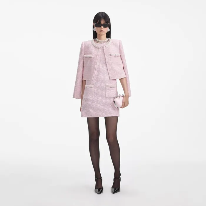Self Portrait Dresses Pink Boucle Pearl Trim Mini Dress 8211 Women