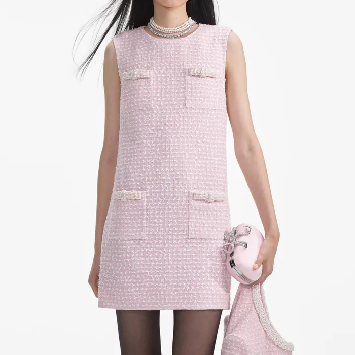 Self Portrait Dresses Pink Boucle Pearl Trim Mini Dress 8211 Women