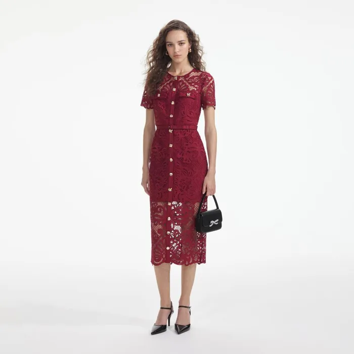 Self Portrait Dresses Red Guipure Lace Button Midi Dress 8211 Women
