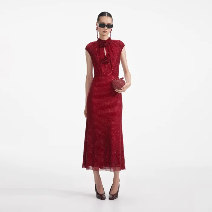 Self Portrait Dresses Red Rhinestone Fishnet Midi Dress 8211 Women