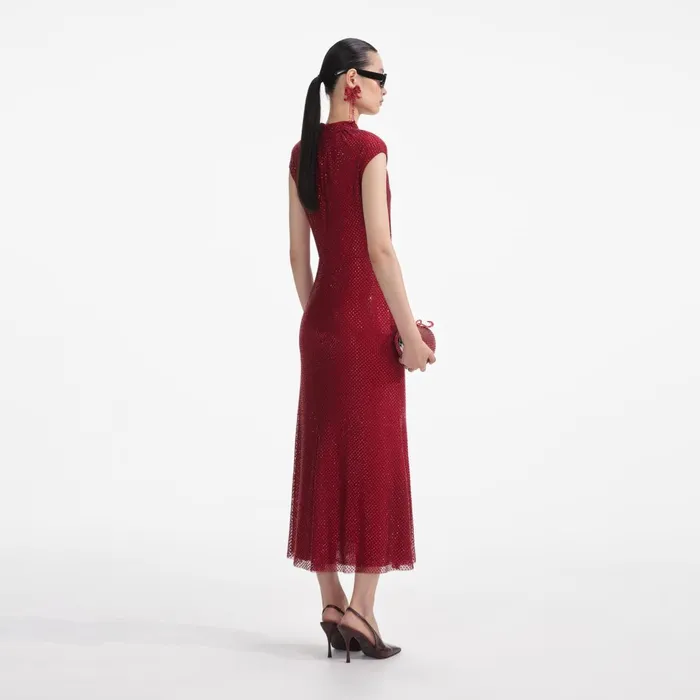 Self Portrait Dresses Red Rhinestone Fishnet Midi Dress 8211 Women