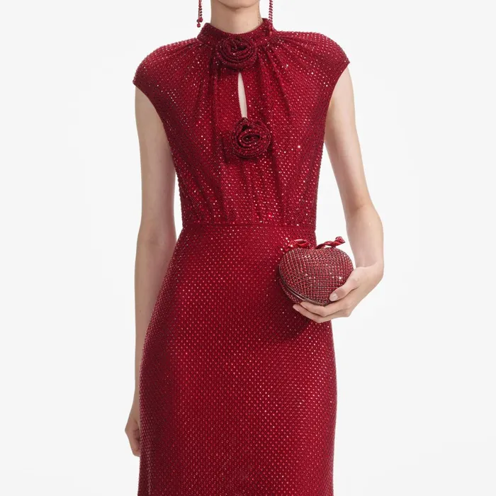 Self Portrait Dresses Red Rhinestone Fishnet Midi Dress 8211 Women