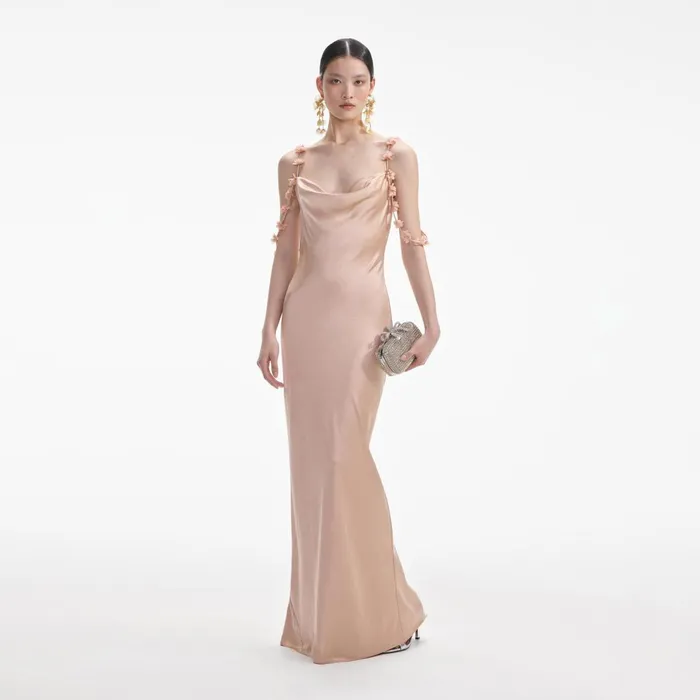 Self Portrait Dresses Rose Gold Satin Flower Maxi Dress Beige 8211 Women