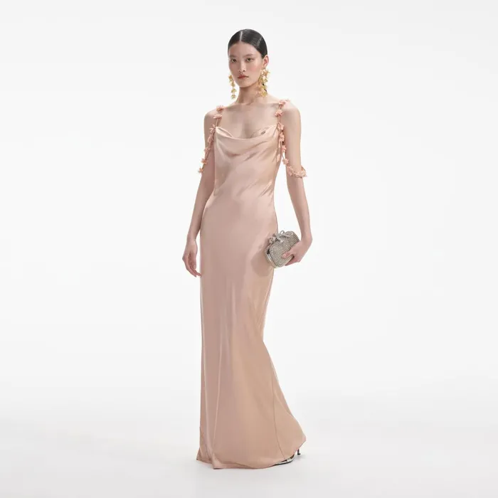 Self Portrait Dresses Rose Gold Satin Flower Maxi Dress Beige 8211 Women