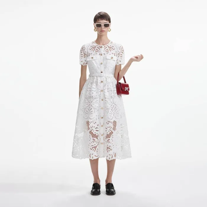 Self Portrait Dresses White Cotton Lace Button Midi Dress 8211 Women