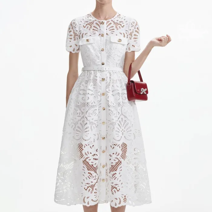 Self Portrait Dresses White Cotton Lace Button Midi Dress 8211 Women
