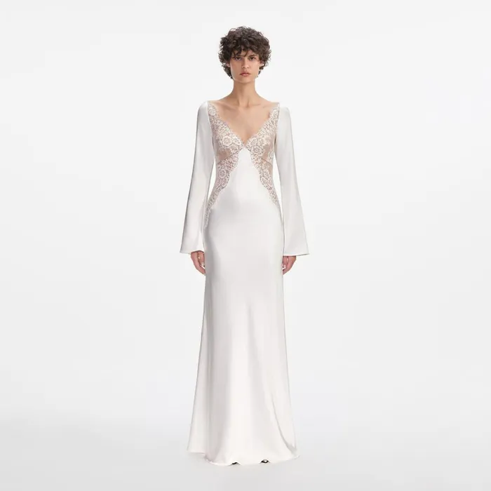 Self Portrait Dresses White Lace Satin Long Sleeve Maxi Dress 8211 Women