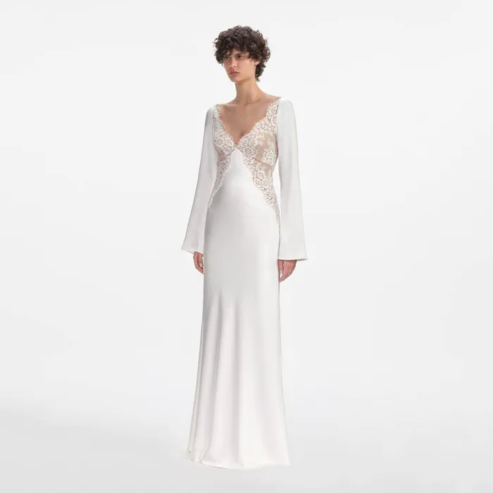 Self Portrait Dresses White Lace Satin Long Sleeve Maxi Dress 8211 Women