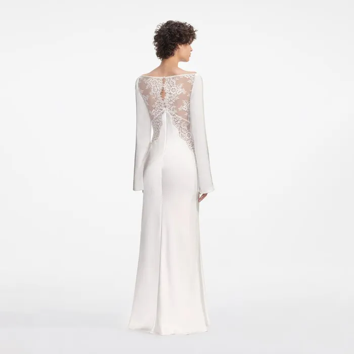 Self Portrait Dresses White Lace Satin Long Sleeve Maxi Dress 8211 Women